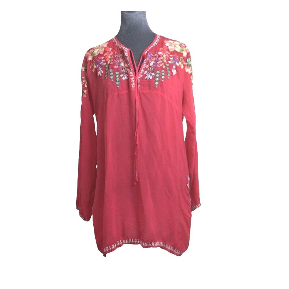 Johnny Was Berry Pink Embroidered Tunic Top Petite Small PS Boho Floral Rayon